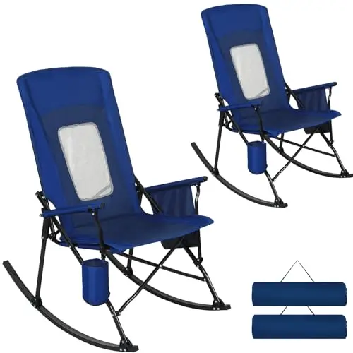 2 Pack Folding Rocking Camping Chairs for Adults, Heavy Duty Outdoor Rocker with Mesh Back, Hard Armrests, Cup Holder