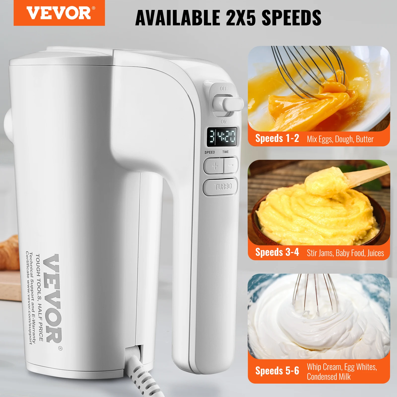 VEVOR Digital Electric Hand Mixer 5-Speed 200W Portable Electric Handheld Mixer with Turbo Boost Beaters Dough Hooks Whisk Bag