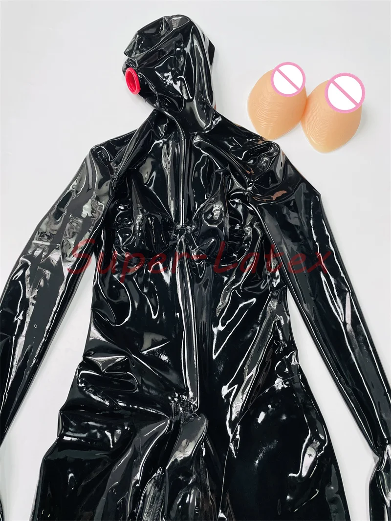 Latex  full cover latex unitard silicone breast three sheath