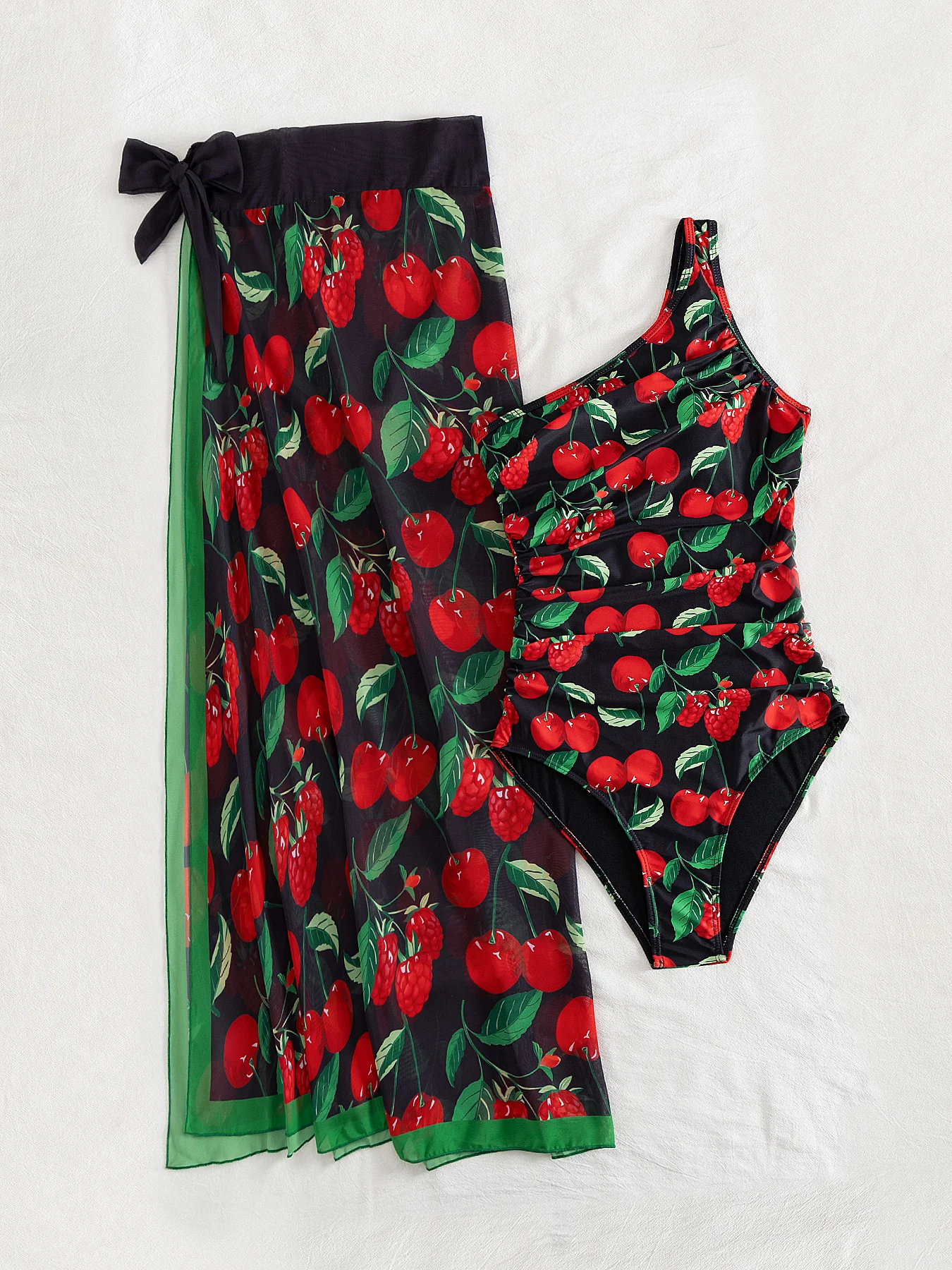 

2025 Sexy Cherry Print One-Piece Swimsuit Asymmetrical Design Perfect for Beach Wear Pool Parties Summer Getaways Vacation Wear