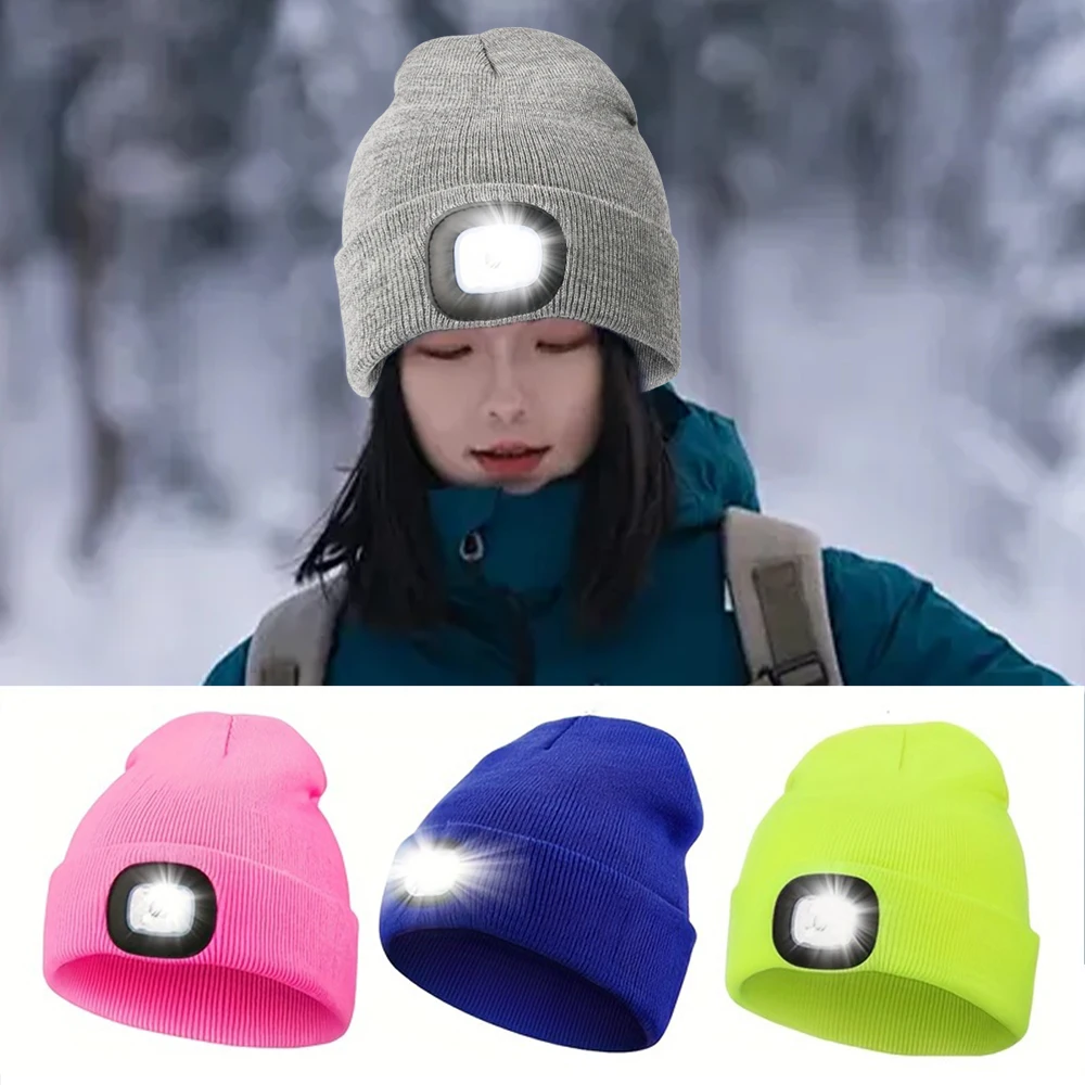 Winter Solid Color Unisex LED Beanie With Light Breathable Headlamp Cap Tie Dye Knit Hats Cuffed Beanies For Night Walking