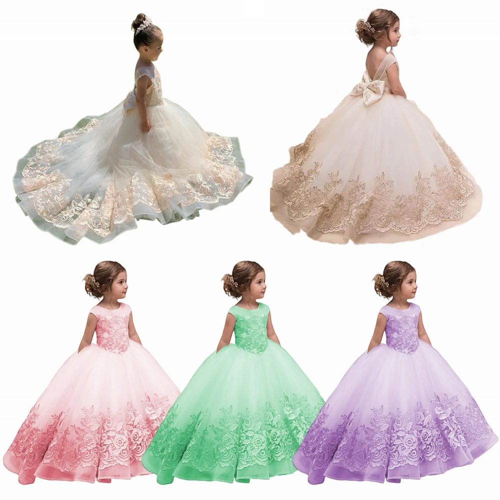 

Elegant Flower Girl Dress Bow Lace Applique V Back Wedding Dresses Party For Toddler Kids Birthday First Communion Pageant Gowns