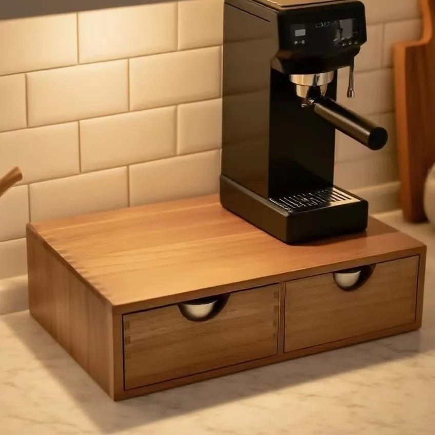 Minimalist solid wood coffee machine base with double-drawer coffee capsule storage box, tea bag and jewelry organizer for the d