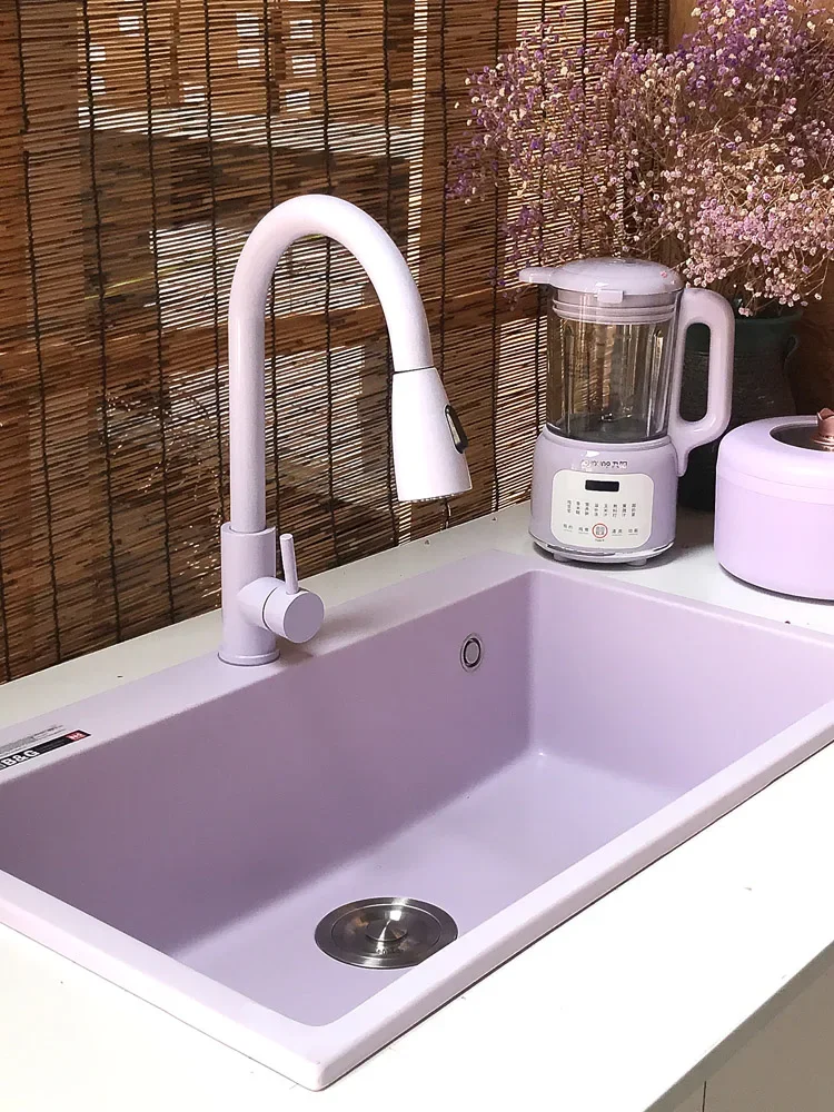 Taro Purple Quartz Stone Large Single Slot Colorful Kitchen Wash Basin Sink Handmade Customization New Product with Pulling Tap