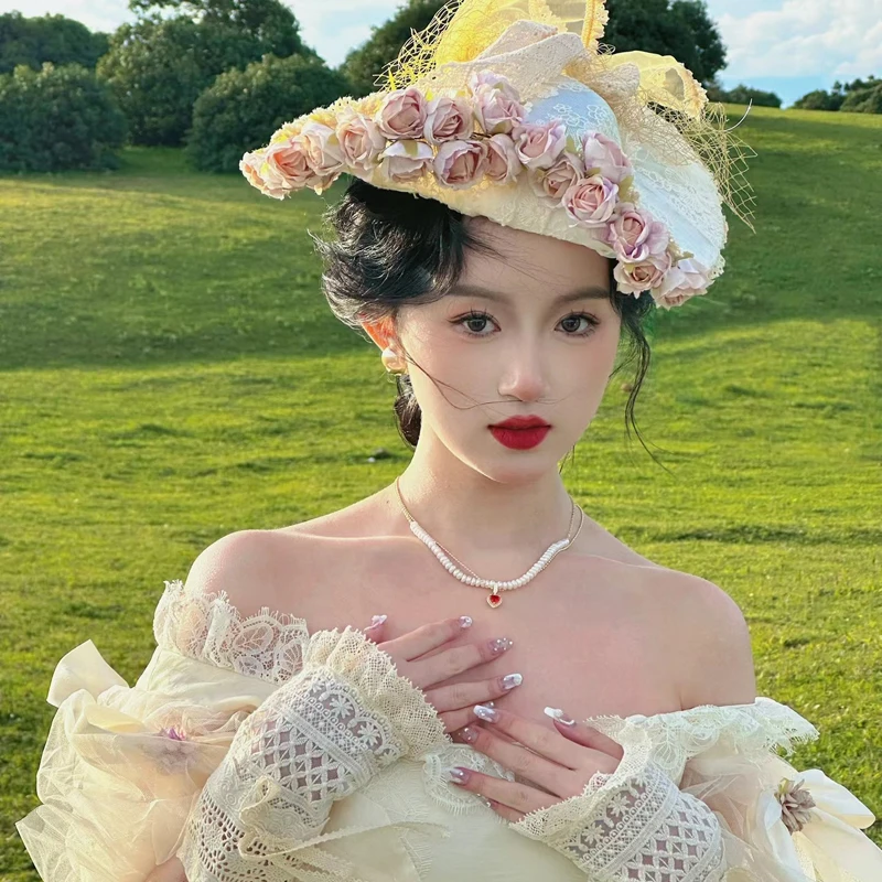 

Vintage Fairy Wedding Hat for Women Pink Flower Lace Fascinator Hat Long Mesh French Ladies Royal Tea Party Photo Shoot Fedoras
