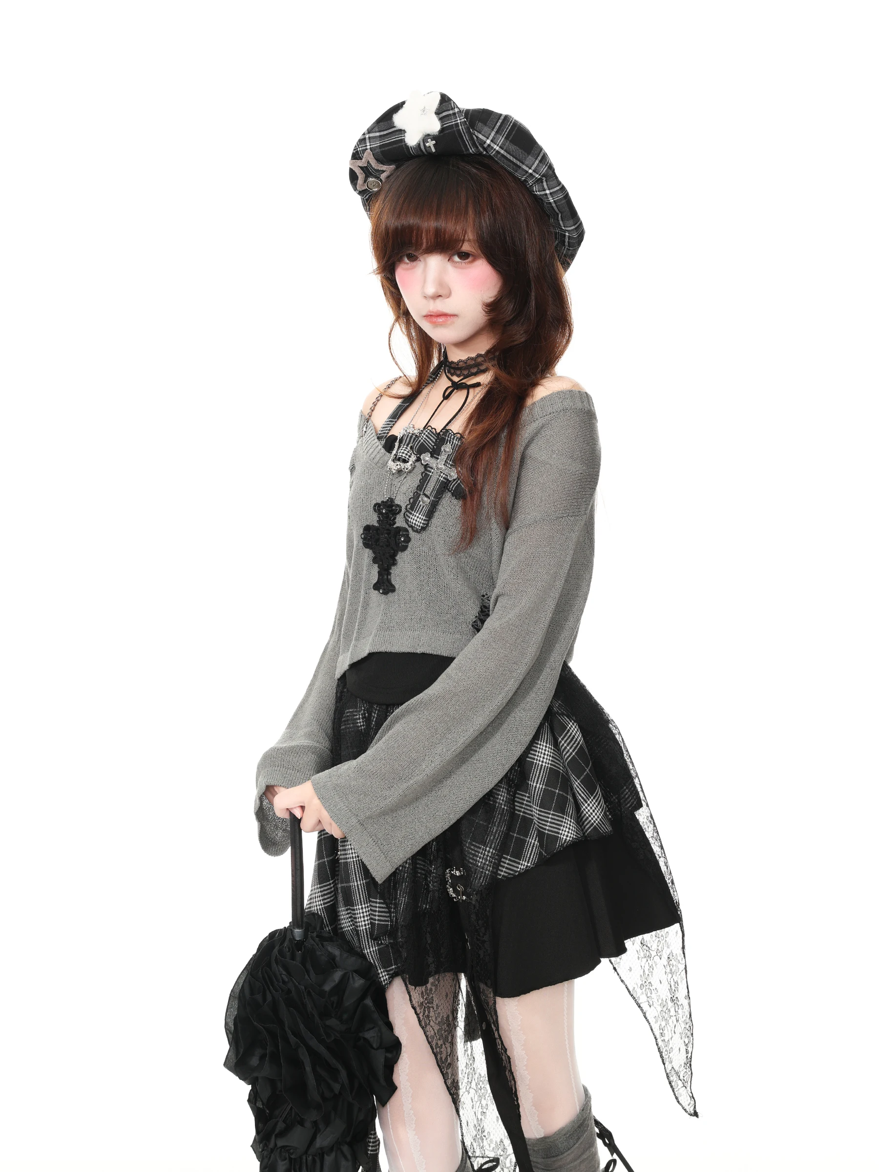 Languid Park Design Ghostly Blue Autumn Set Women's Fashion Three-Piece Suit Irregular Hem Necklace Hanging Sleeve Shirt