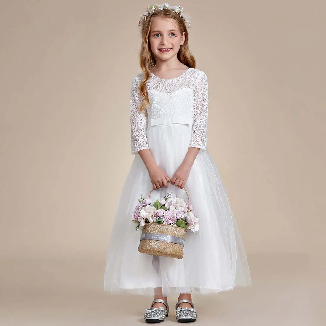 YZYmanualroom Charming Bow Lace Flower Girl Dress with Long Sleeves 2-15T