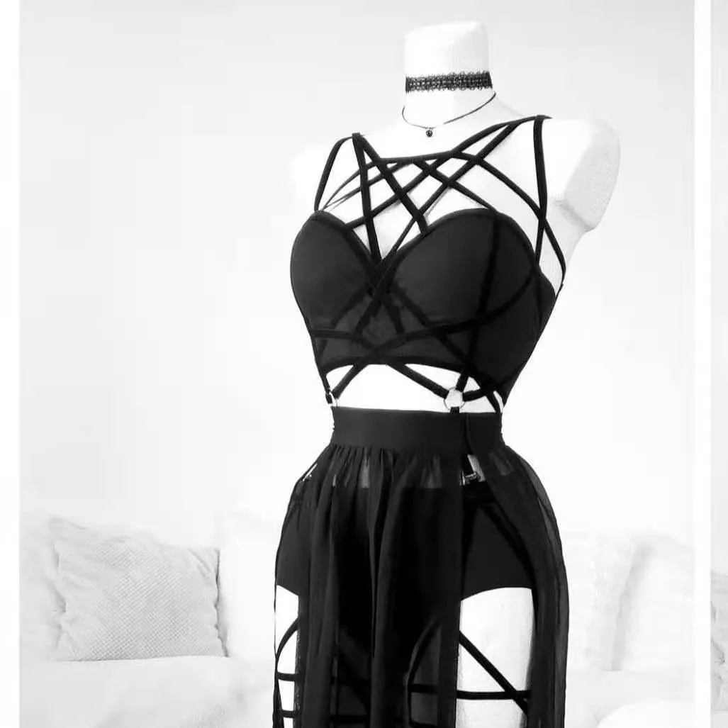 AltGoth Gothic Nachtclub Sexy Rock-Set für Damen, Durchsichtige Netz-Rückenfreie Crop-Tops, Emo Alt Punk Hochgeschnittene Unterhose, Rock, 3-teilig