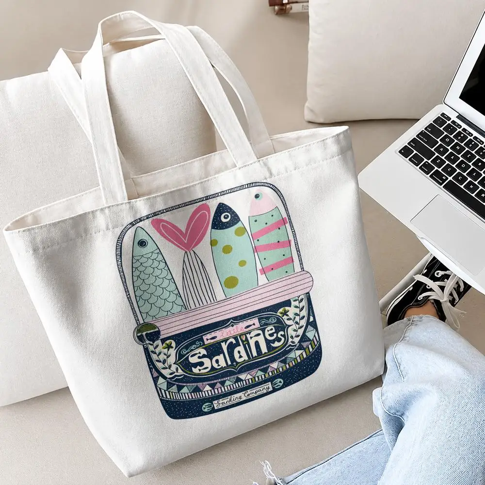 Popular Animal Retro Sardine Storage Bags 2-Piece Set Double-Sided Print with Zipper Canvas Eco Tote Bag for Beach Travel Picnic