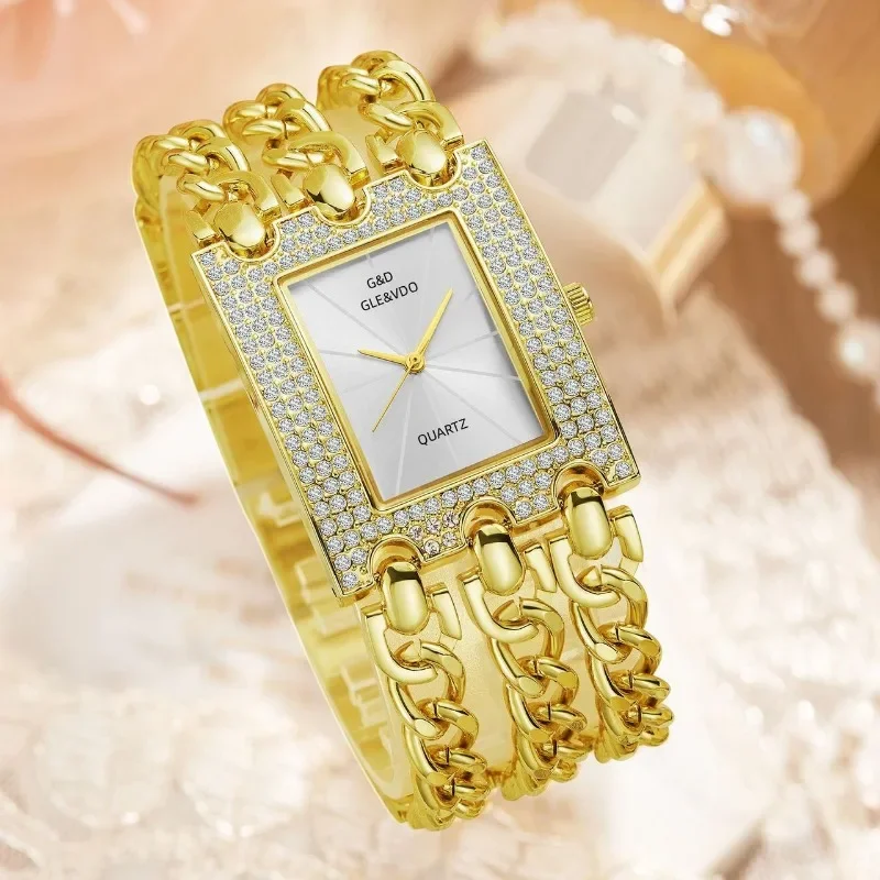 Ladies watch gold IP plating luxury fashion elegant triple chain (medium) European and American diamond quartz watch