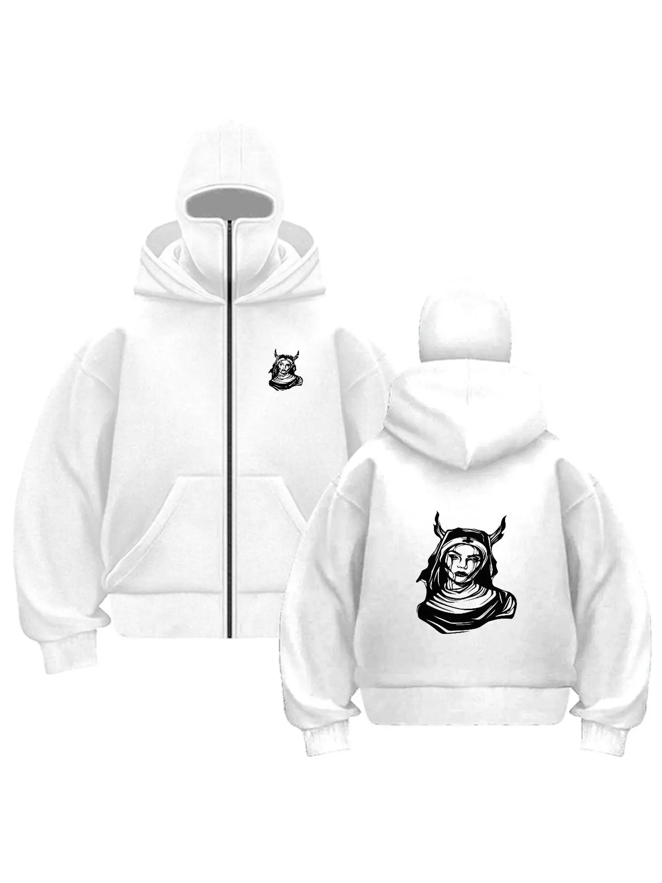 

White Gothic Print Zip Up Hoodie for Men Oversized Streetwear Hooded Sweatshirt with Unique Nun Graphic Casual Harajuku Jacket