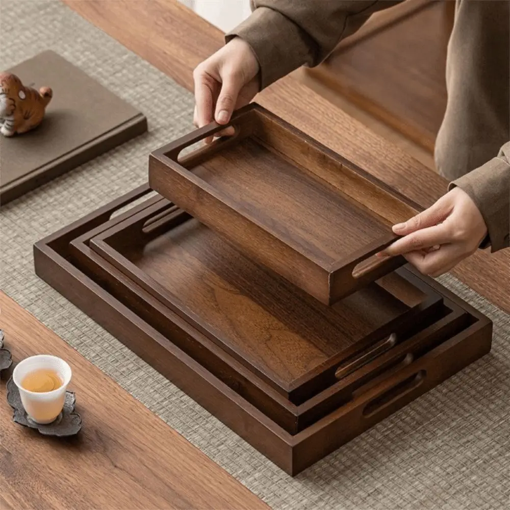 Decorate Tray Rectangular Bamboo Wooden Tray Walnut Color With Handle Serving Tray Dessert Pallet Kitchen