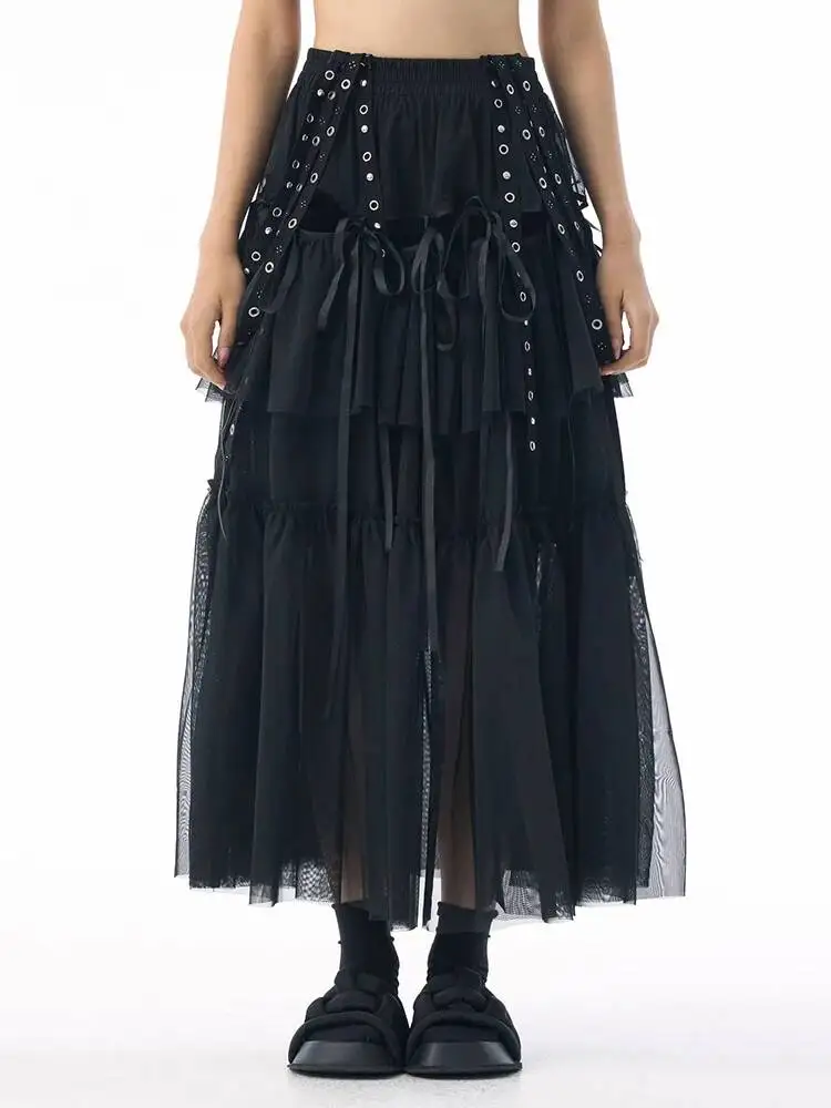 مرونة عالية الخصر القهوة شبكة منظور الشريط حزام نصف الجسم تنورة المرأة موضة المد جديد ربيع الخريف