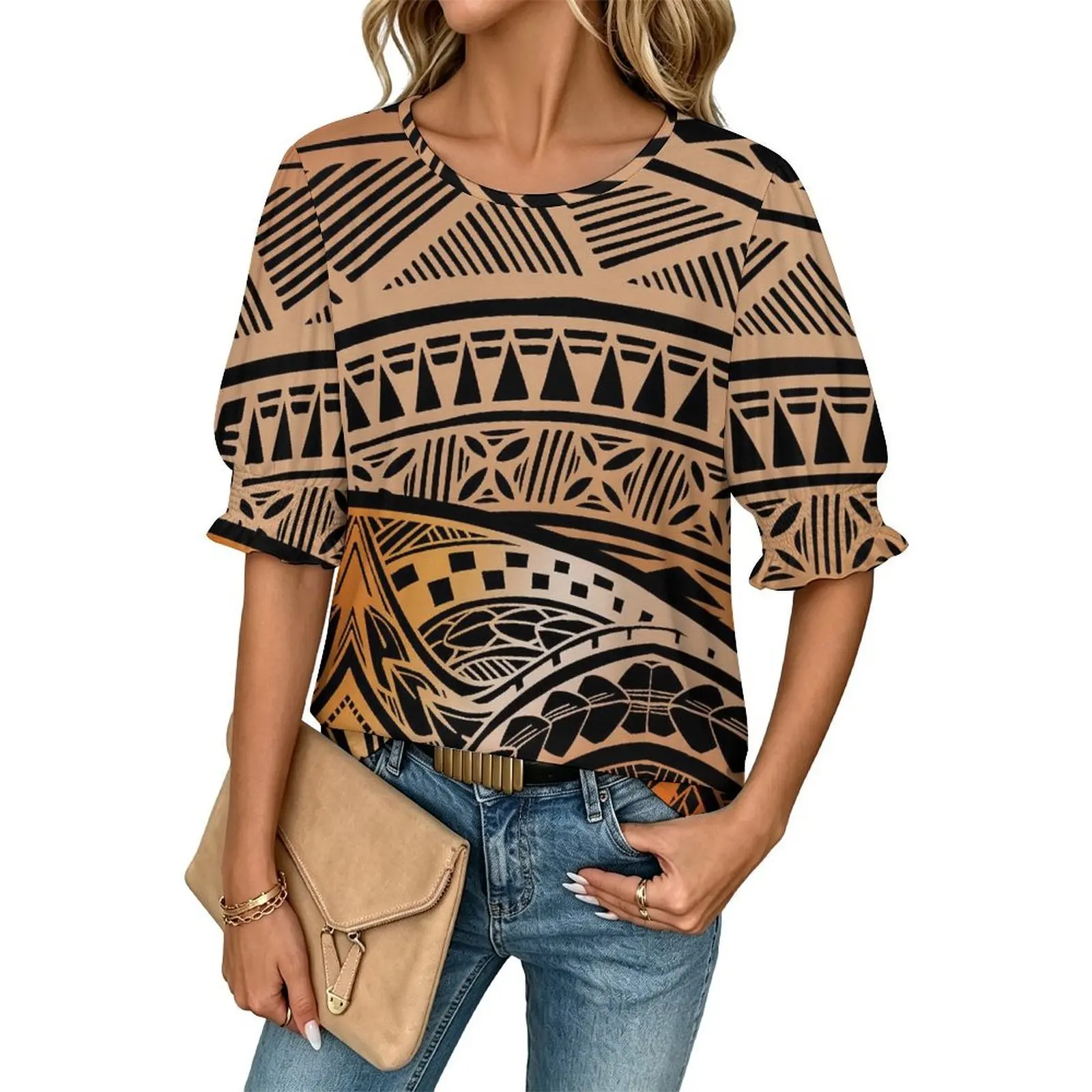 Newly designed Polynesian island patterned women's short-sleeved shirt with high-definition design, a casual shirt