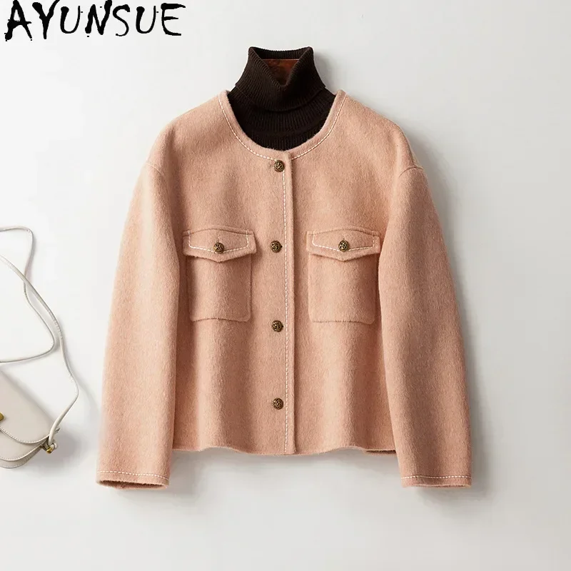 

AYUNSUE 90% Wool 10% Alpaca Jackets for Women 2023 New Autumn Winter Short Single-breasted Wool Coat Round-neck Jaqueta Feminina