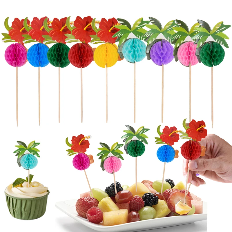 

50pcs Palm Leaves Bamboo Sticks Hawaii Party Cupcake Fruit Fork Dessert Cocktail Toothpick Bar Summer Birthday Wedding Supplies