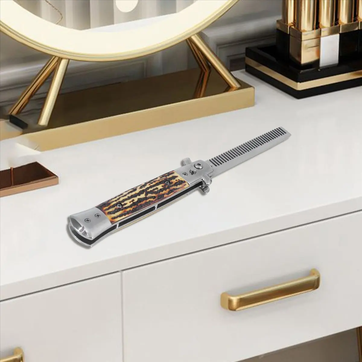 

2Pcs Automatic Stainless Steel Combs Foldable Knife Brushes Hair Trimmer Comb Brush Imitation Bovine Bone Color