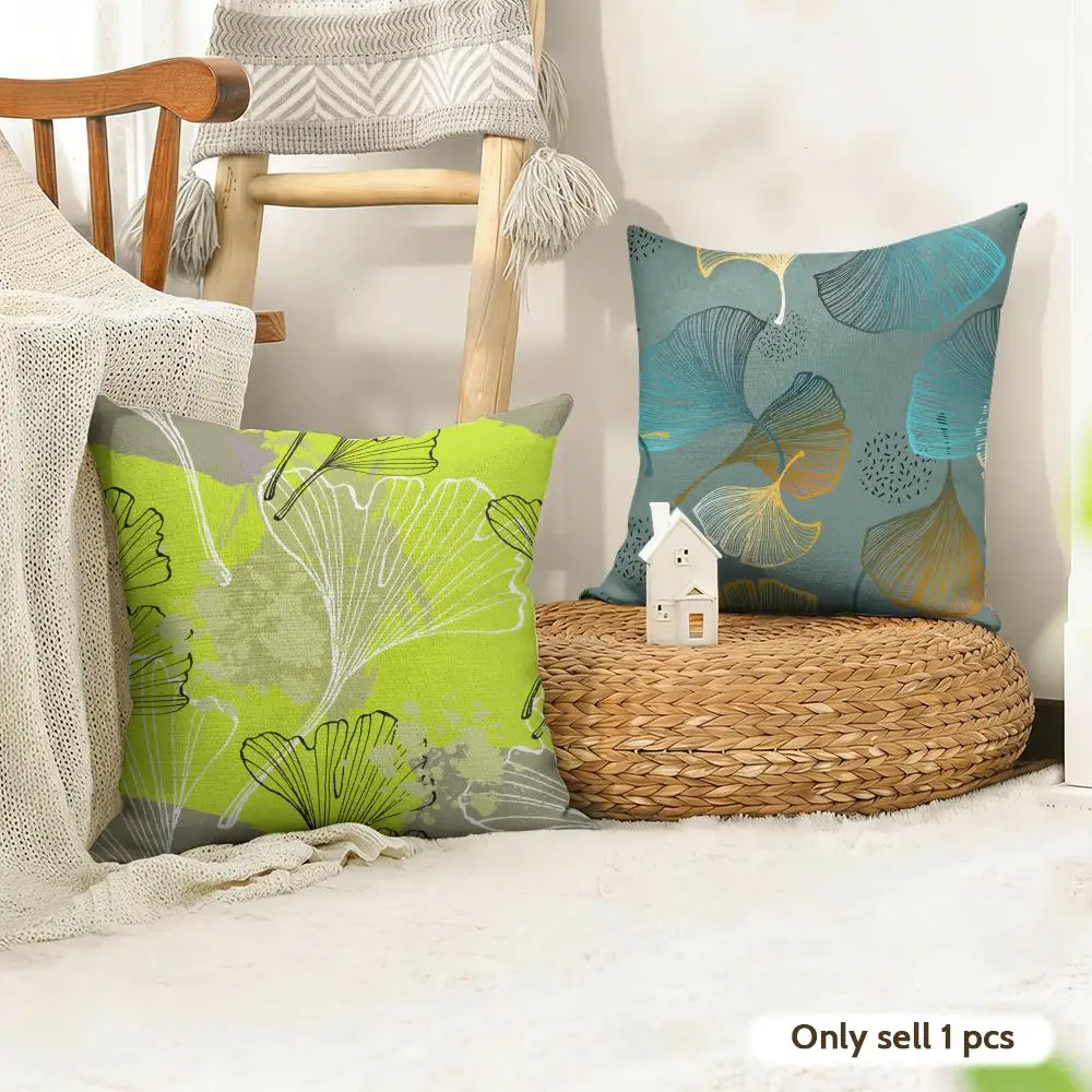 Chinese Style Ginkgo Leaf Cushion Cover Natural Linen Organic Fabric Double-Sided Printing Room Sofa Decor Pillow Case