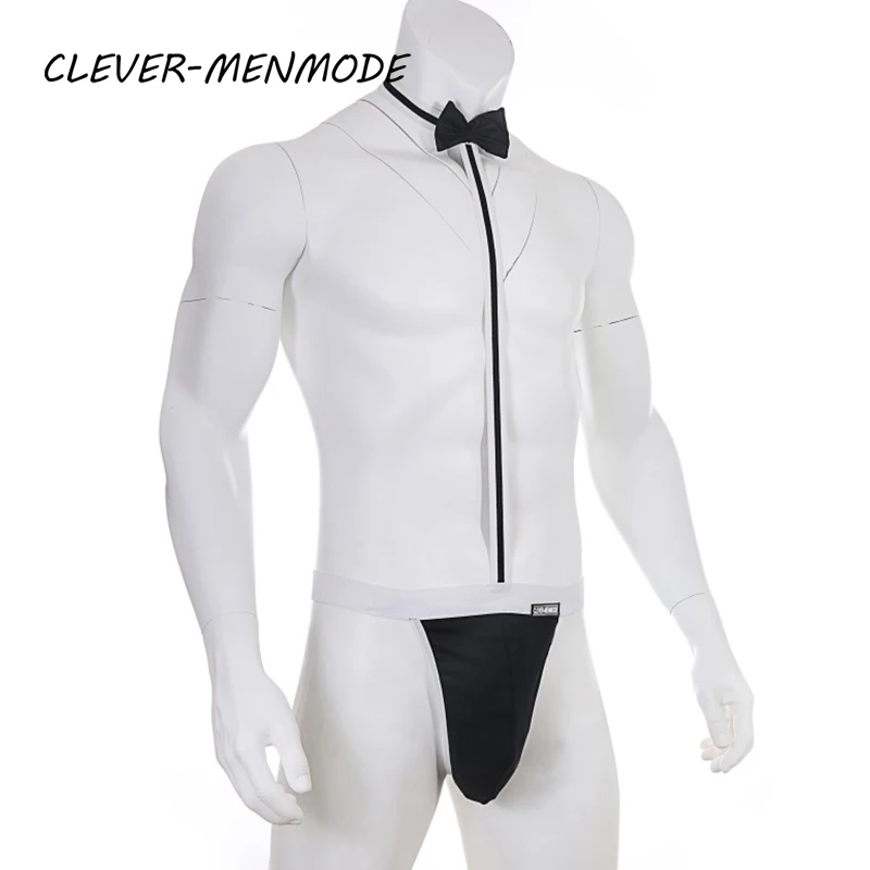 CLEVER-MENMDOE 참신 섹시한 남성 Mankini 끈 게이 속옷 에로틱 란제리 웨이터 포르노 의상 멜빵 바디 슈트 넥타이 테디