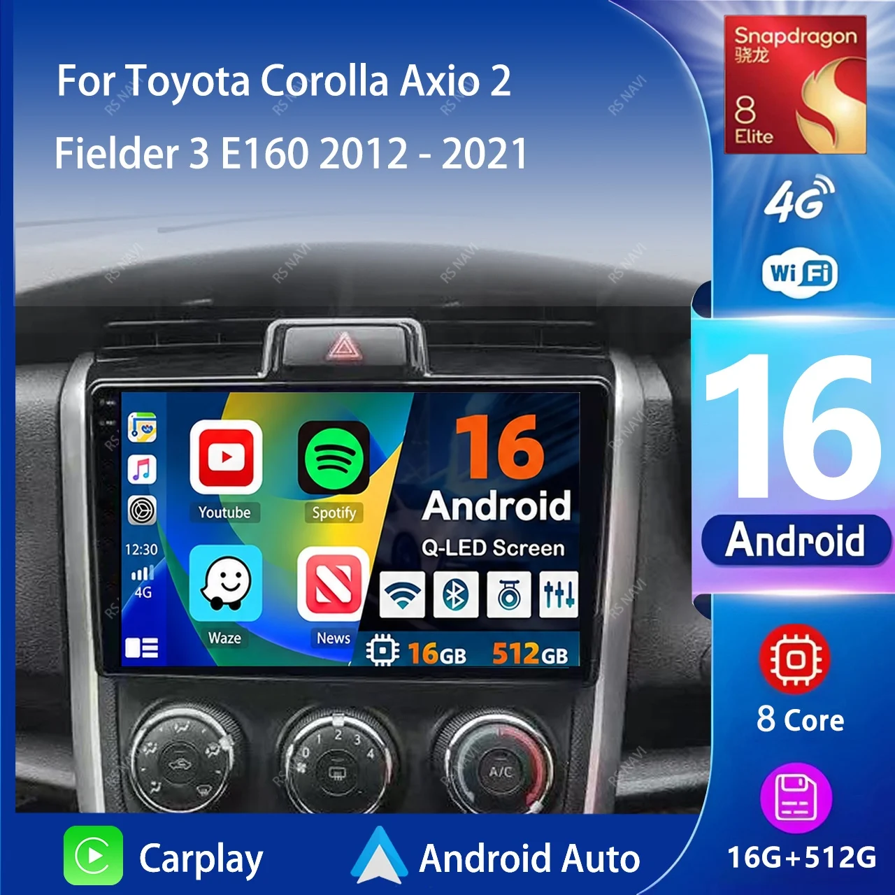 Qualcomm Android 16 Carplay Auto Screen Car Radio Multimedia Player For Toyota Corolla Axio 2 Fielder 3 E160 2012 - 2021 Stereo