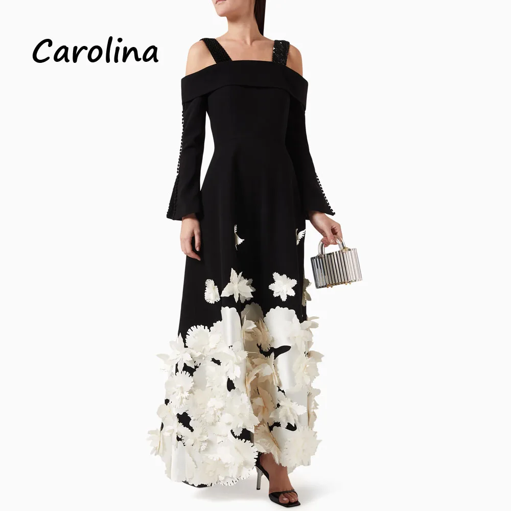 Carolina Black Strapless Appliques A-LINE Evening Dress Saudi Arabia 2024 Slim Crepe Long Sleeve Ankle-Length Prom Dress