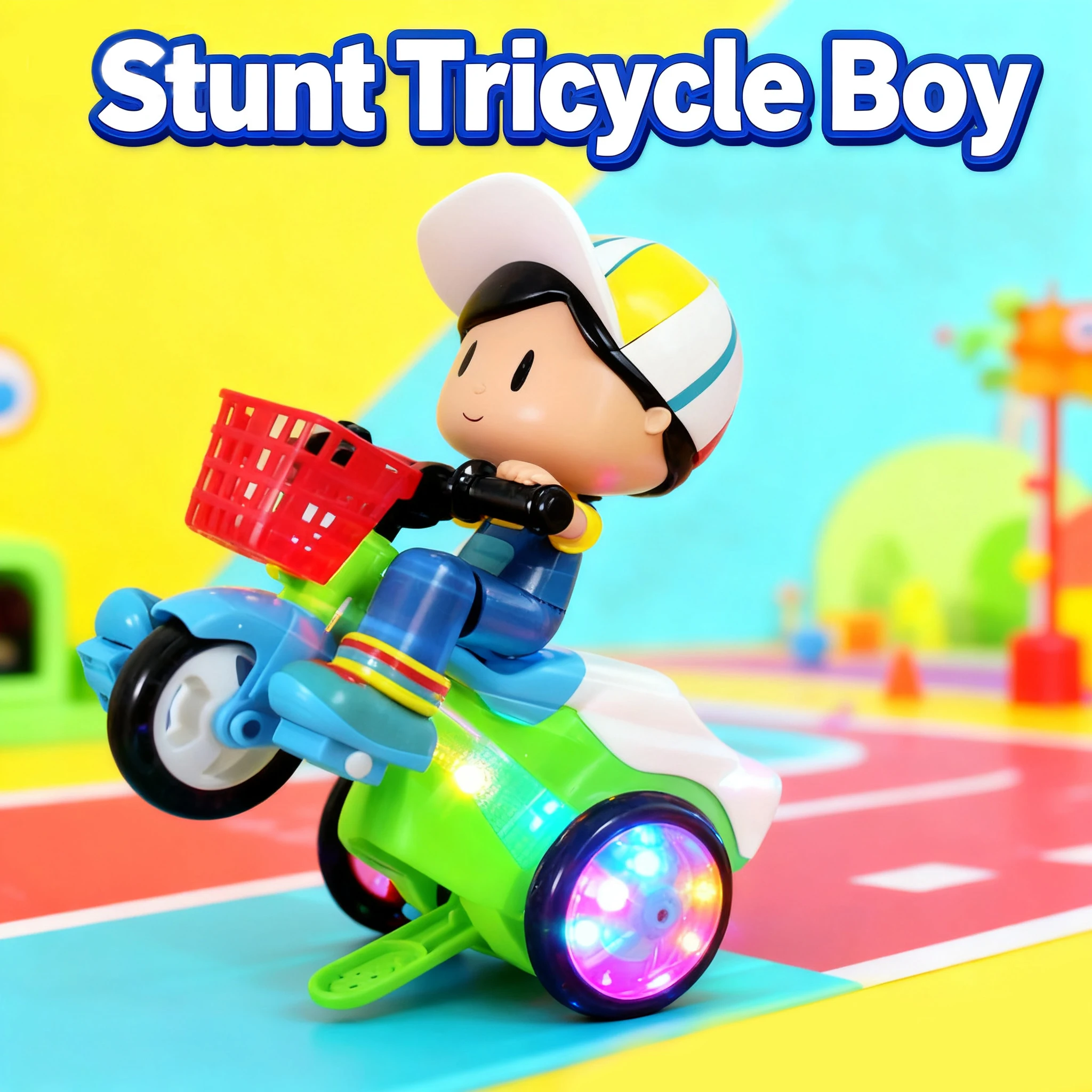 Een schattige kleine jongen die een driewieler rijdt met elektrisch speelgoed, draaiende stunts, geluid en licht, is het perfecte cadeau voor baby's