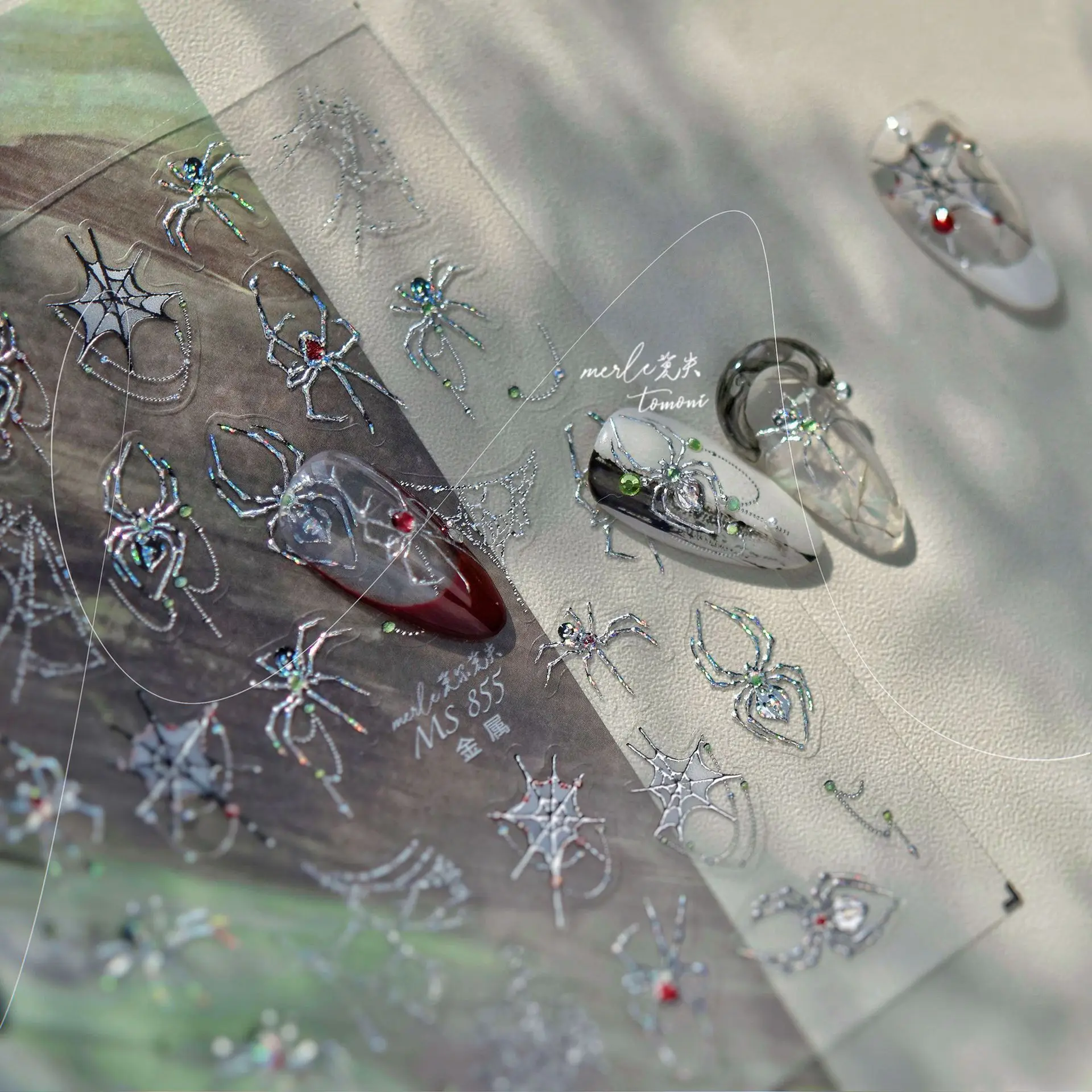 Hoge kwaliteit Halloween zwart-wit sprankelende schelp licht spinnenweb Rose nagelstickers Art Decal Design manicure tool MS-468