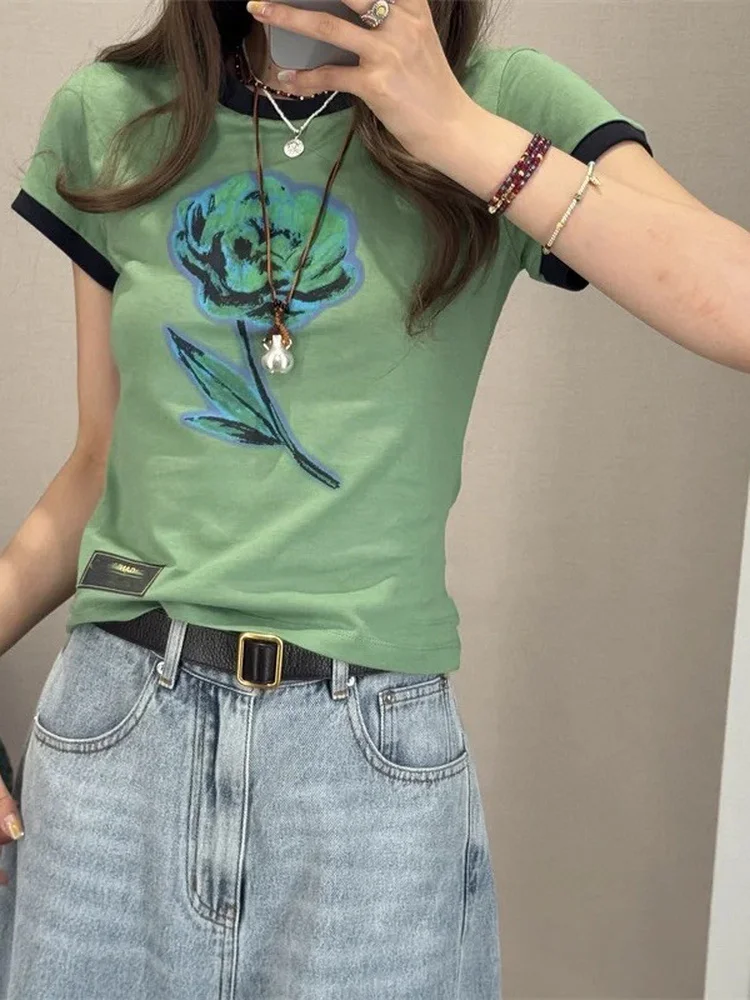 

Summer New Sle Rose Print Slim Fit ort Cotton round Ne T-irt Women Straight Cut Casual Comfortable Breathable Tee