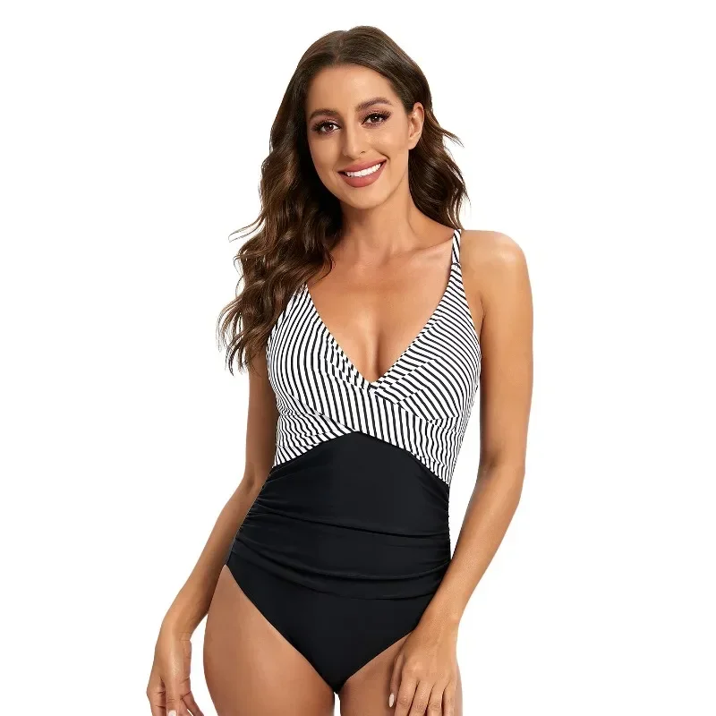 Women Striped Backless One-Piece Suits Swimsuit Summer Slip Bathing Suit Women New Sleeveless Deep V Neck Pathwork Body Suits