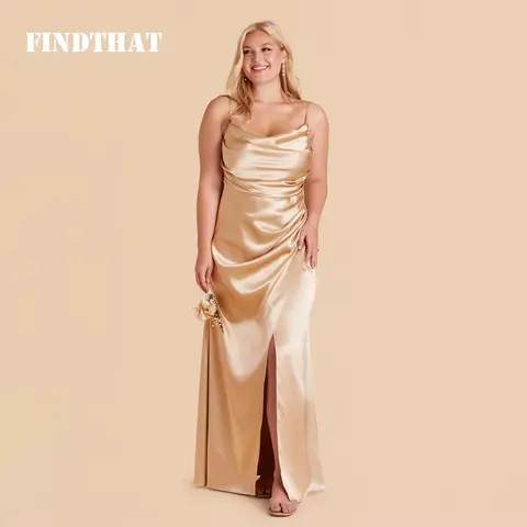 Satin Champagne Bridesmaids Dress for Women 2025 Spaghetti-Straps Ruched Neck Side Slit Elegant Evening Party Gowns Customized