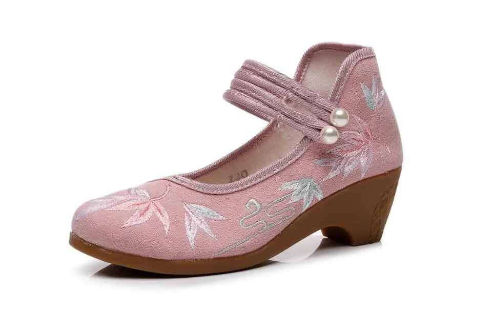 Women Ankle Button Strap Pumps Ethnic Embroidery Mary Jane Dress Shoes Mid Heel Cotton Fabric Espadrilles Vintage Sandals