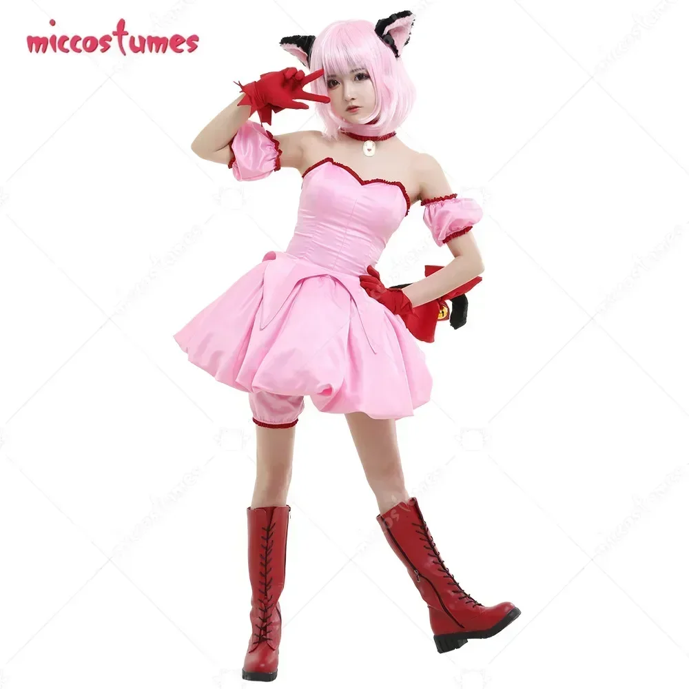 Mictrajes-Vestido Anime Feminino Transformado Curto Rosa com Orelhas e Cauda de Gato, Mew Mew Cosplay Traje