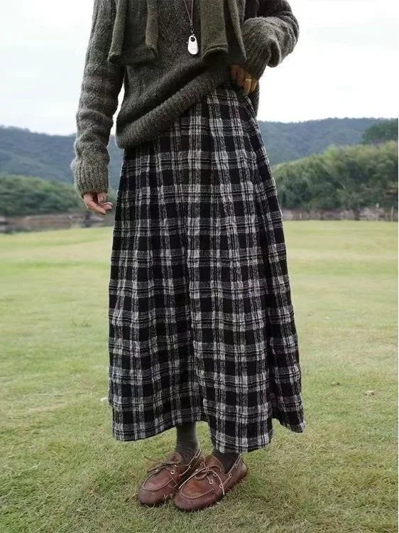 

Новая осенне-зимняя женская длинная юбка А-силуэта большого размера из шерсти и хлопка в клетку, универсальная, стройнящая, в пол