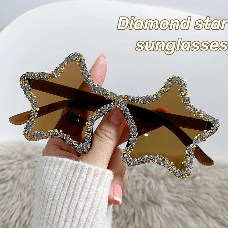 

Personalized Ocean Candy Colored Sunglasses New Five Pointed Star Diamond Frameless Sunglasses Holiday Party Beach Eyewear