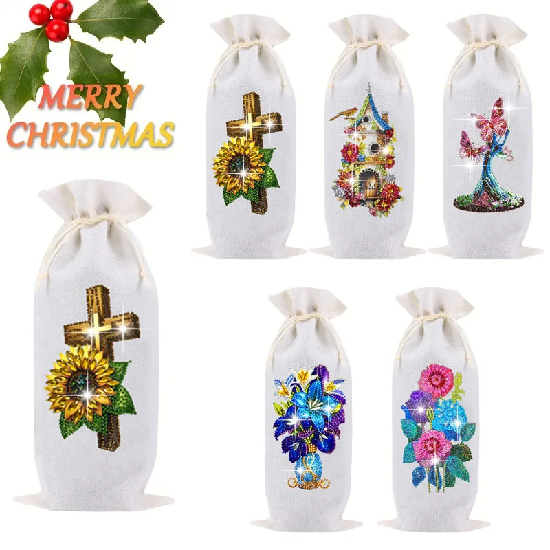 1 DIY Diamant-Malerei Weihnachts-Weintaschen-Set, Blumen-/Schmetterlingsmuster Kristall-Diamant-Kunst Weintasche, Neujahrsgeschenk