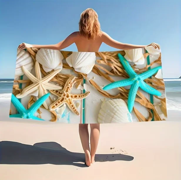 Ocean Themed Beach Towel, Microfiber Sandproof Quick Dry Starfish Shell Print Bath Towel for Summer Vacation