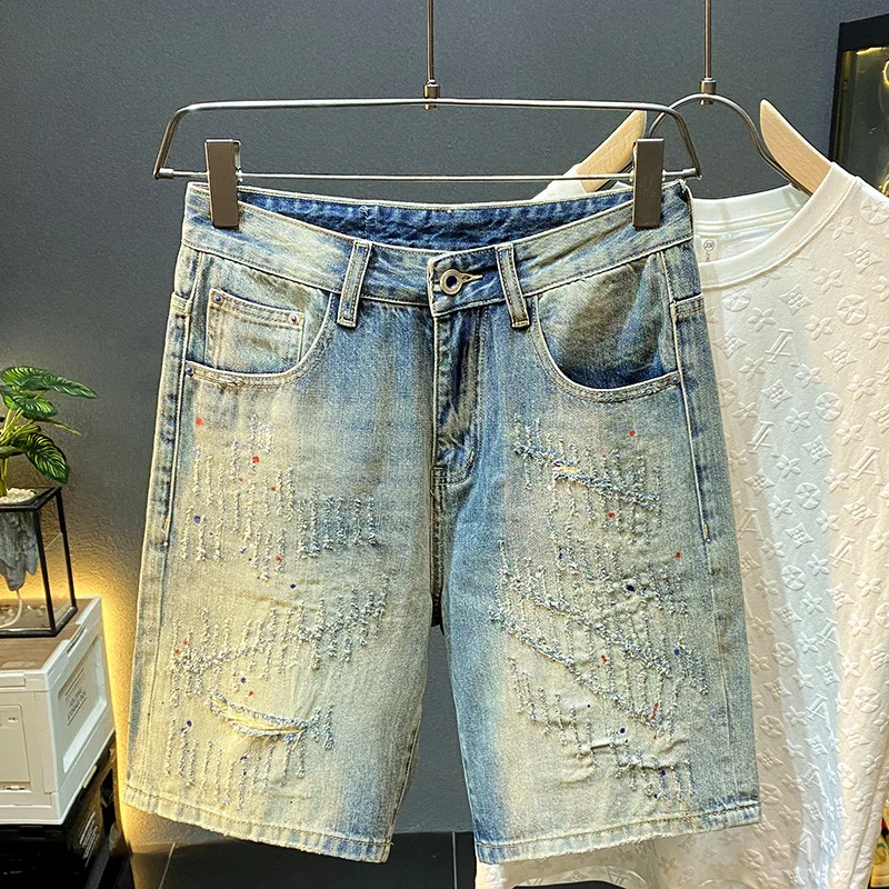 

Summer Thin Vintage Washed And Scraped Denim Shorts With A Trendy Men'S Signature Straight Cut And Slim Fitting Ripped Jeans