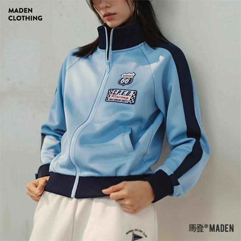 Maden Women Casual Contrasting Color Splicing Zip Sweatshirt Vintage Racing Badge Cardigan Top Loose Sports Jackets