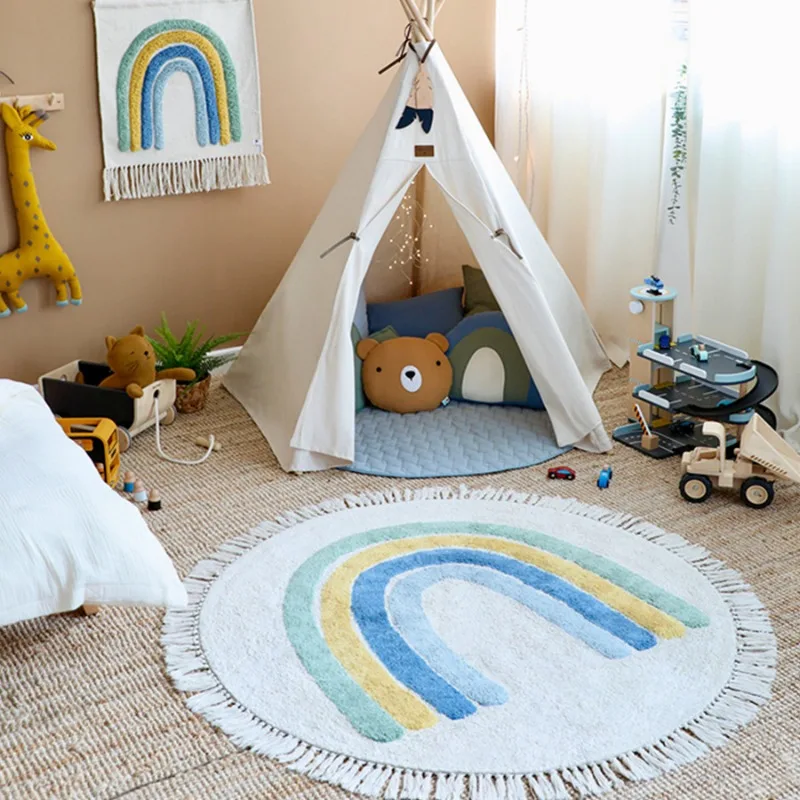 Tappeto per bambini Instagram Rainbow Round Fringe tappeto camera dei bambini Area di lettura Crawling comodino camera da letto tappetino