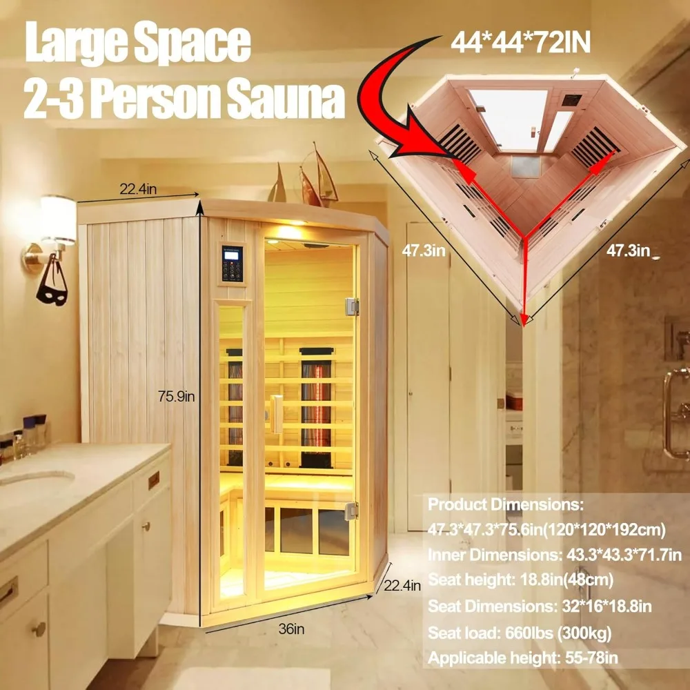 Ceramic Infrared Sauna 2-3 Person Far Infrared Saunas for Home Low EMF Indoor Home Sauna Hemlock Wooden Corner Sauna