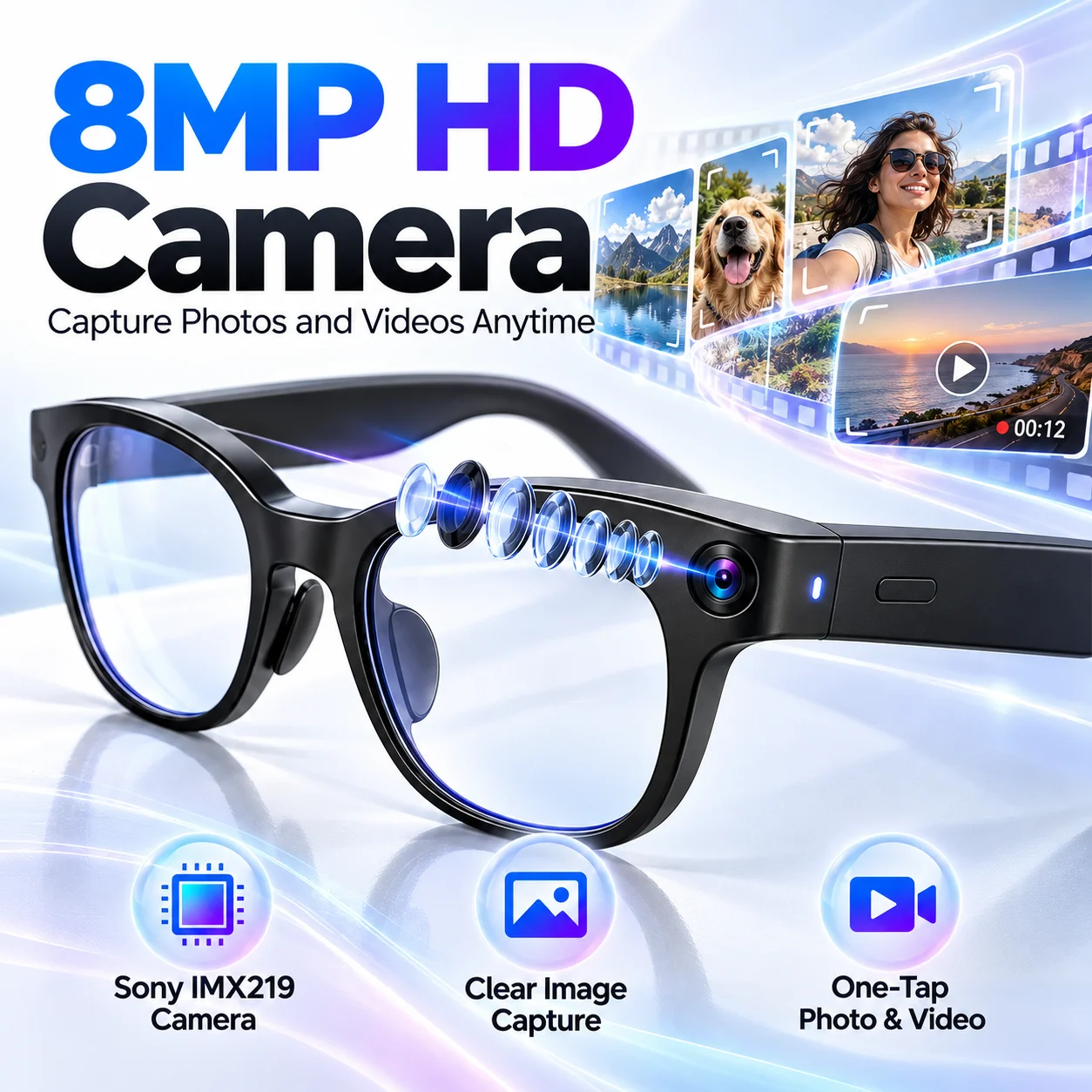 AI Smart Glasses 8MP Camera Video Recording AI Translation Voice Assistant Bluetooth Calling Music Hands-Free POV Glasses