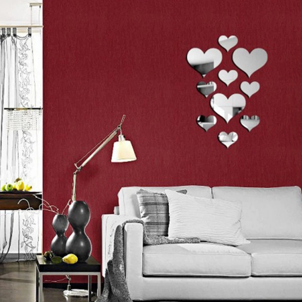 10 pièces/ensemble Durable amour coeur autocollants autocollant Mural miroir Mural 3D décalcomanie Simple bricolage décoratif amovible Paster décoration de la maison