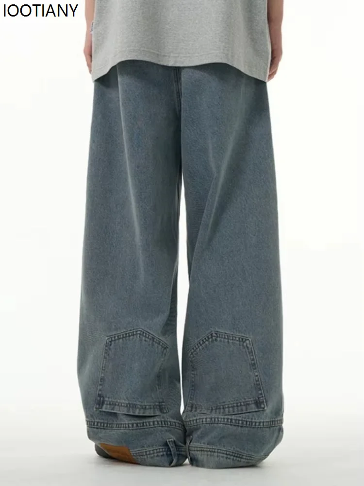 Fashio Blue Washed Vintage Women's Jean Reverse Pocket Wide Leg Men's Straight Jeans Loose Hip Hop High Street Casual Pants 2025