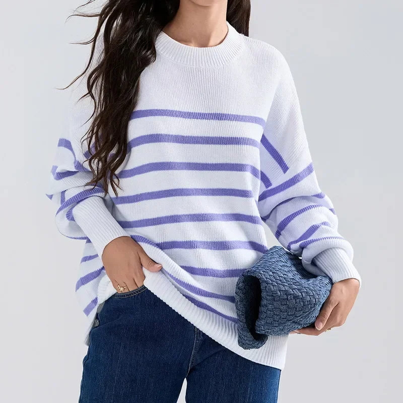 

Women Autumn Spring Striped Sweater Drop Shoulder Long Sleeve Slit Hem Loose Knitted Tops Streetwear