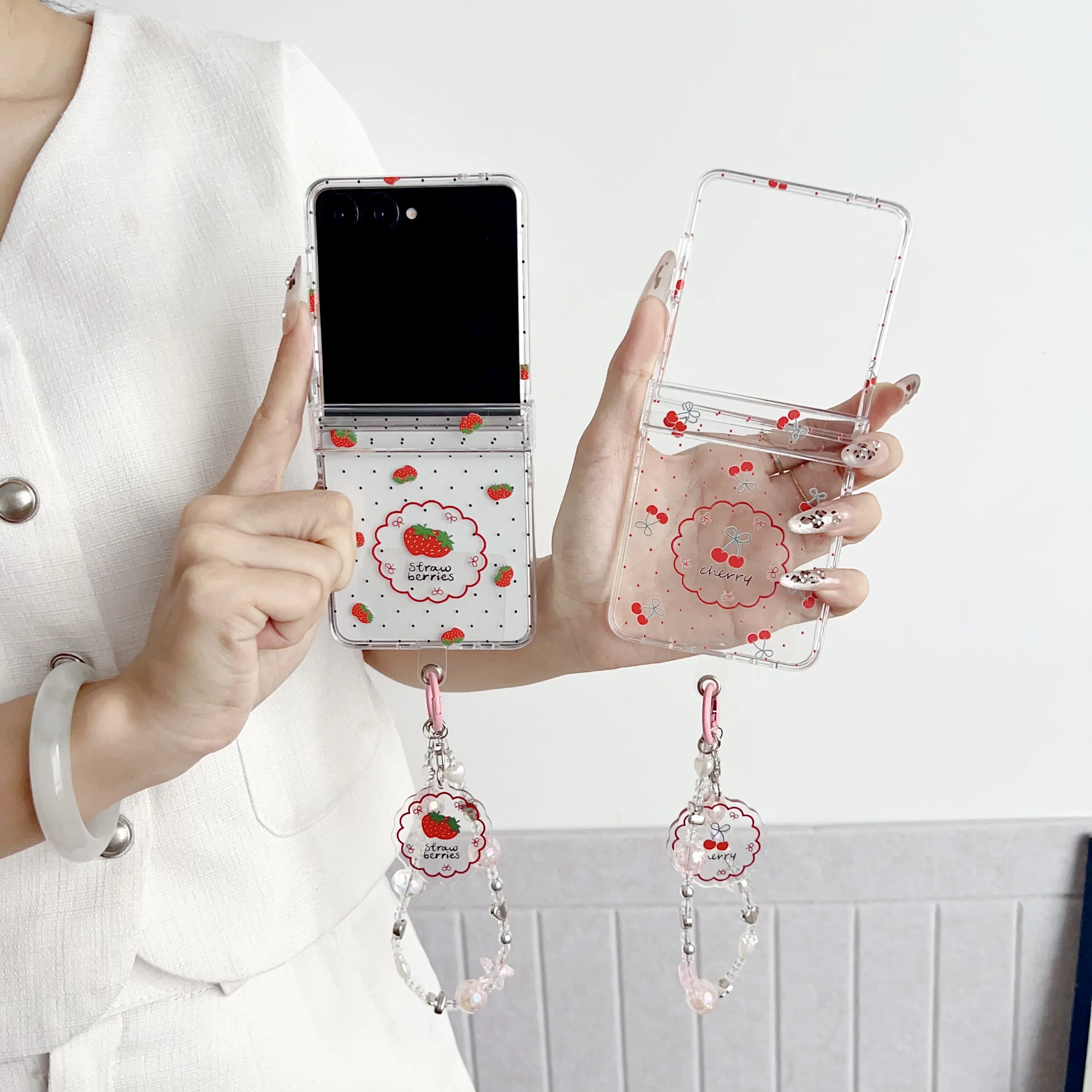 

Back Cover For Samsung Galaxy Z Flip 7 6 5 4 3 Case Polka Dot Cherry Strawberry Bracelet Wristband Chain Hard Pc Phone Case