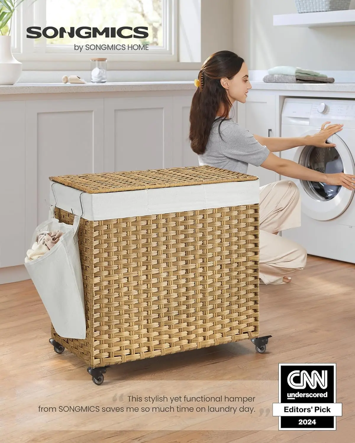 Laundry Hamper with Lid, 37 Gallons (140 L), Rolling Laundry Basket with Wheels, 3-Section Synthetic Rattan, Removable Liner