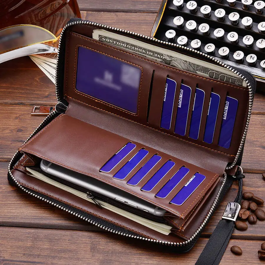 High Quality Men's Leather Wallet Zipper Long Purse Big Capacity Clutch Phone Bag Wrist Strap Coin Purse Card Holder For Male