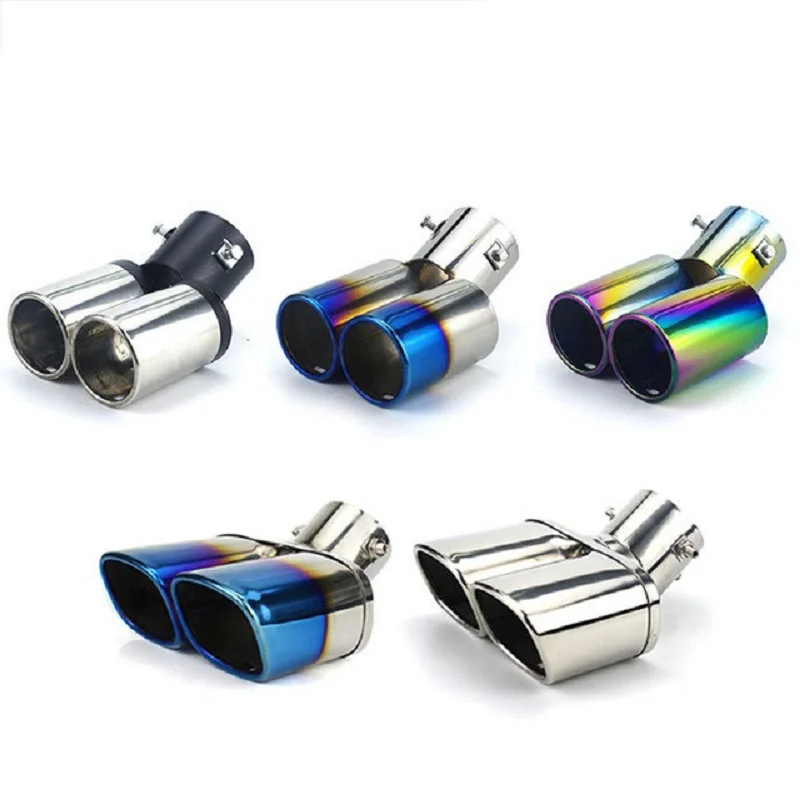 

63mm/2.48'' Universal Car Square / Round Double Outlet Exhaust Tailpipe Muffler Tube Stainless Steel Slip On Blue / Silver