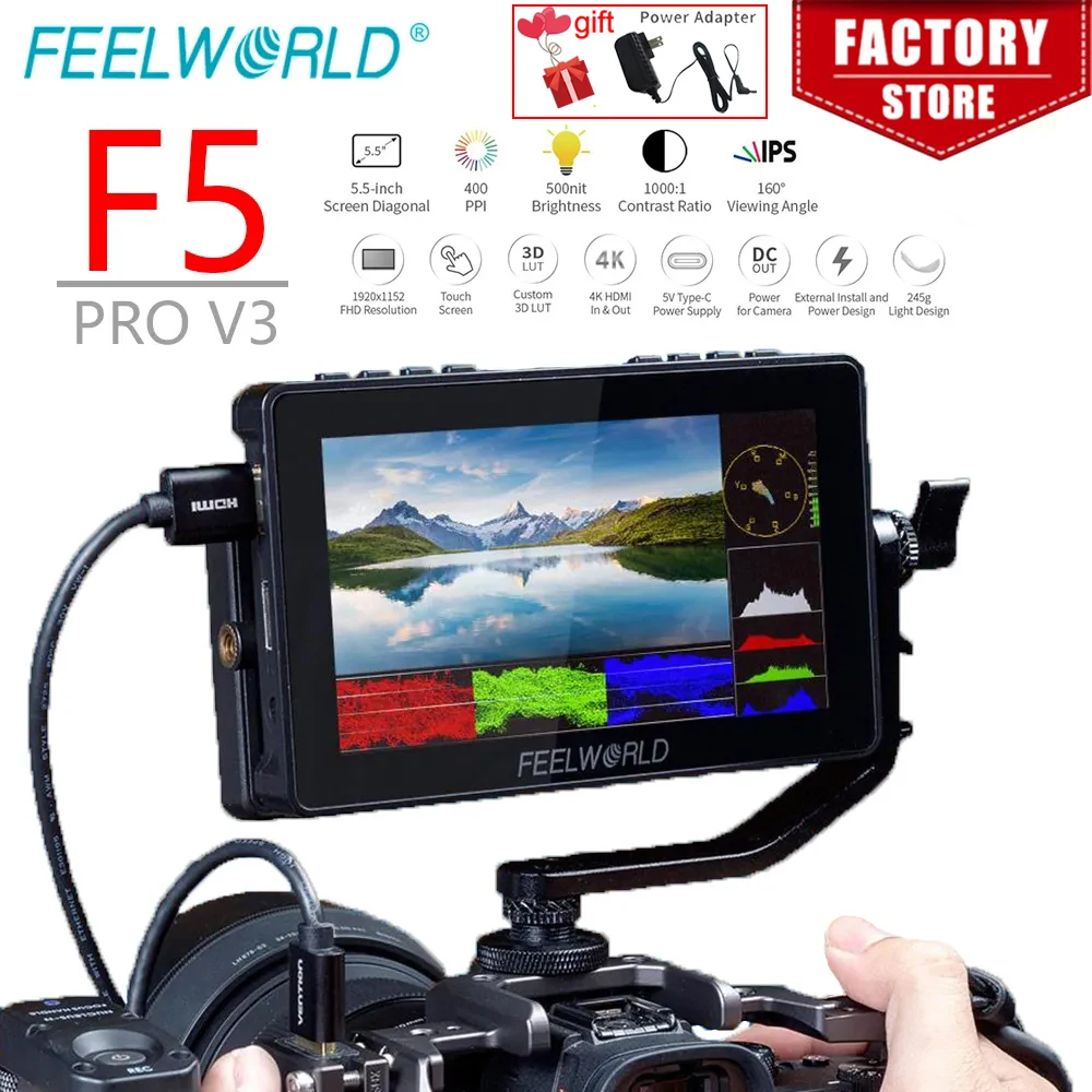 FEELWORLD F5 Pro V3 5.5 Inch 3D LUT Touch Screen DSLR Camera Field Monitor 4K HDMI Input Output Wireless Transmission LED Light