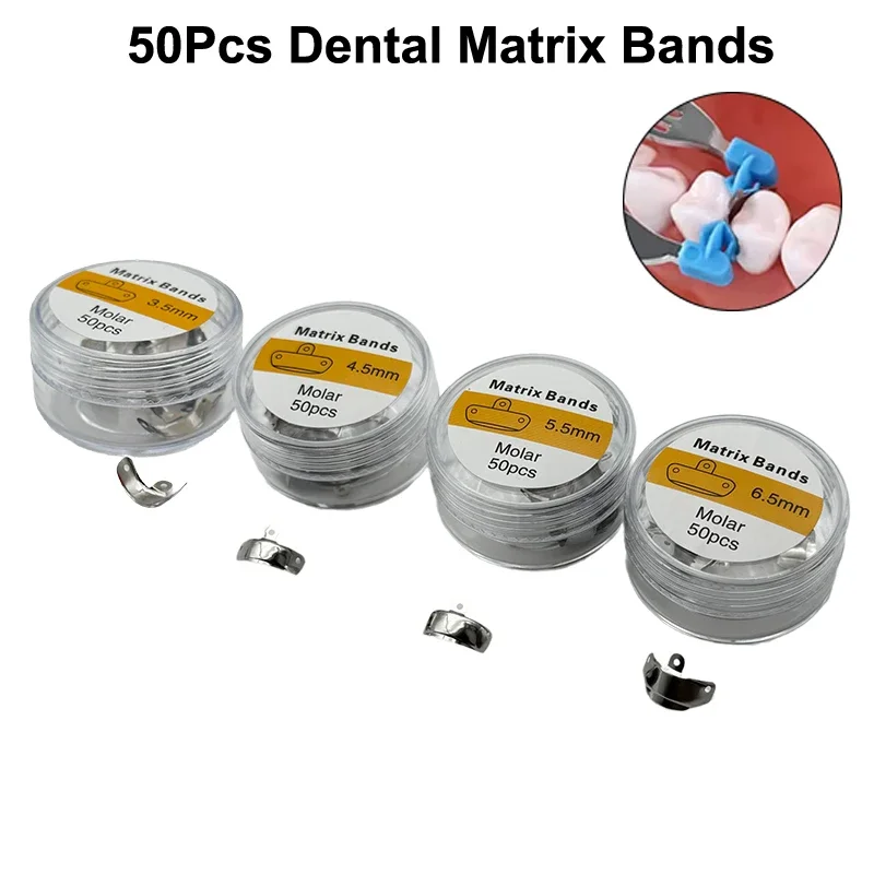 

50Pcs/Box Dental Matrix Bands Sectional Metal Matrices Matrix 3.5/4.5/5.5/6.5mm Size Teeth Replacement Dentist Tools